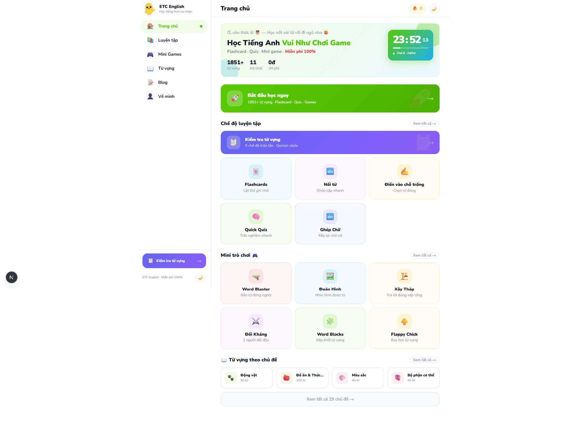 Giao diện trang chủ ETC English mới 2026